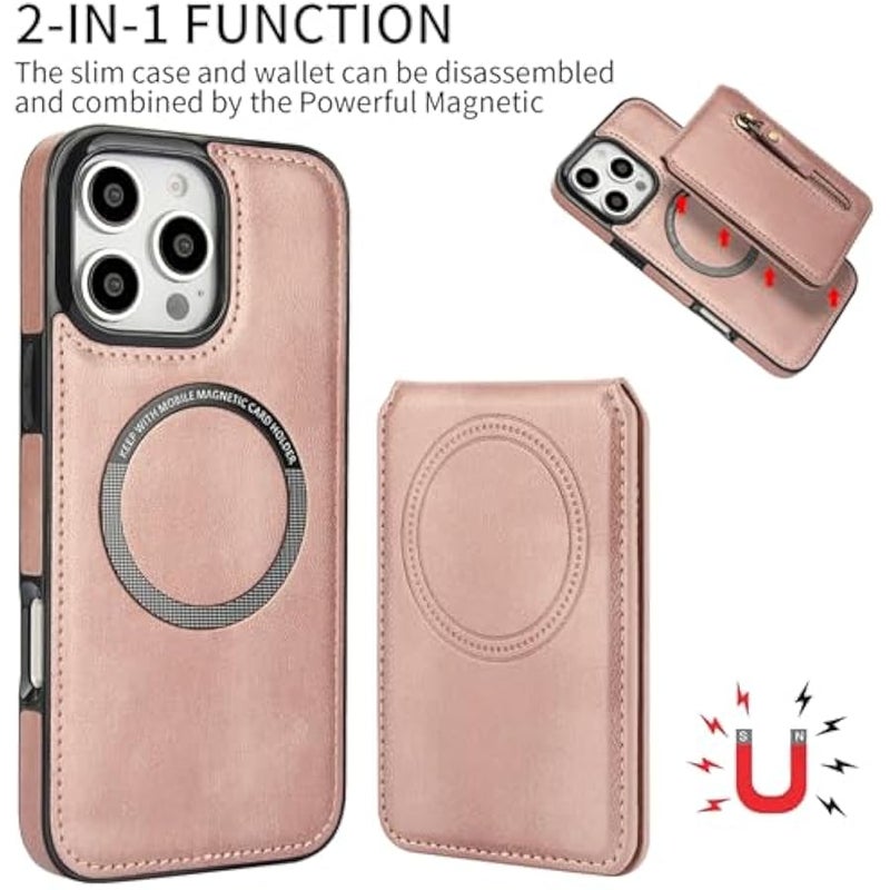 CCSmall Detachable Magnetic Wallet Case for iPhone 16 Pro Max Compatible with MagSafe, PU Leather RFID Barrier Phone Cover Case with Cash Zipper Pocket Card Slots for iPhone 16 Pro Max ZFT Rose Gold - Image 4